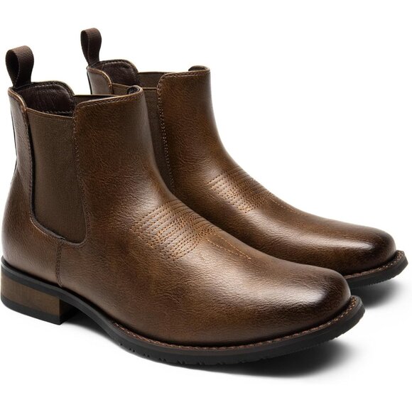 Bruno Marc Mens Brown pu Classic Cowboy Western Ankle Dress Waterproof Boots - Picture 3 of 6